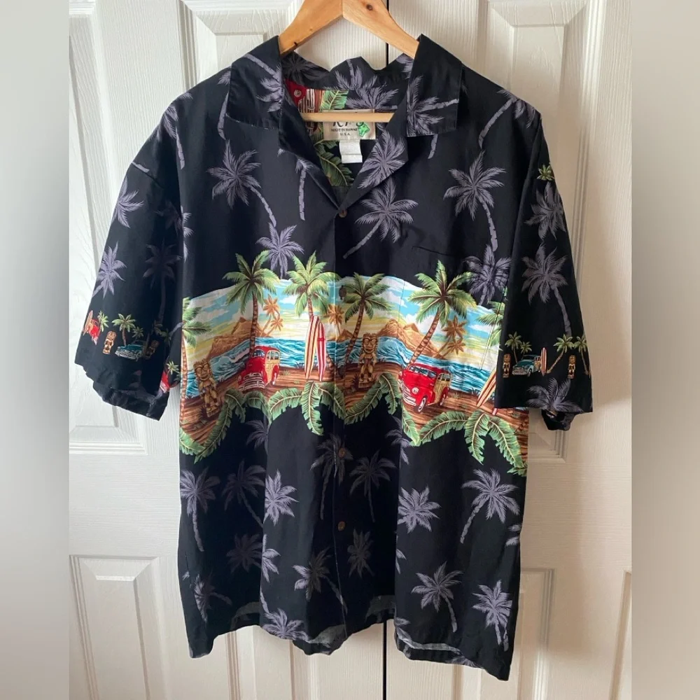 VINTAGE KY’S Hawaiian Novelty Palm Tree Woody Printed Button Up Camp Shirt 2XL - Picture 1 of 5